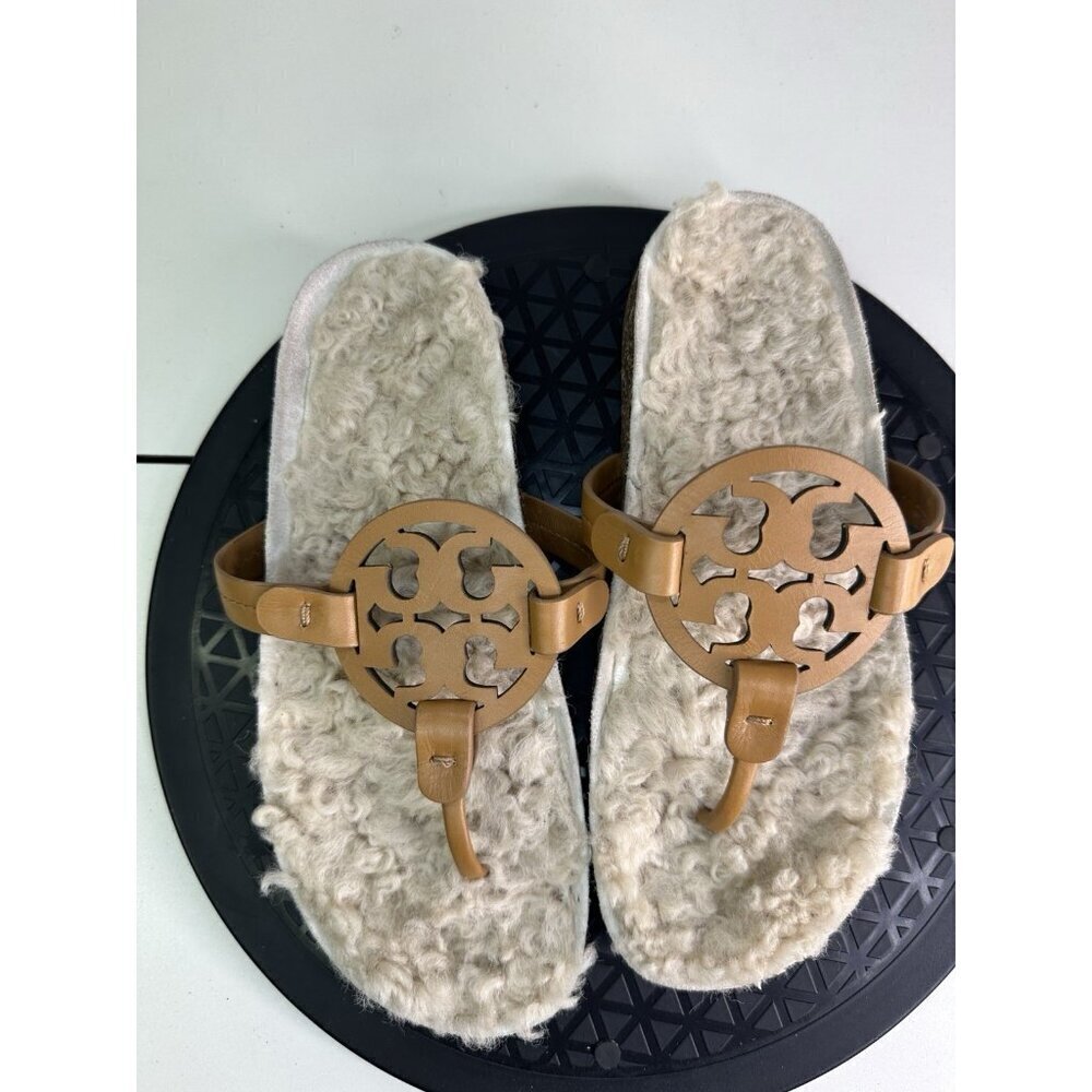 Tory Burch Women Miller Cloud Shearling Leather Slides, Thongs Sandals Sz 6